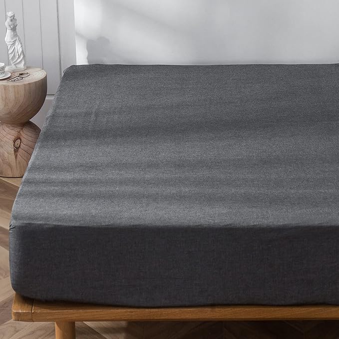 MooMee Fitted Bottom Sheet Only 100% Washed Cotton Linen Like Textured Breathable Durable Soft Comfy Deep Pocket Fits Mattress up to 17" (Dark Grey, Twin)