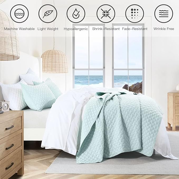 HORIMOTE HOME Quilt Queen Size Aqua Blue, Lightweight Quilt for Summer Ultra-Soft Microfiber Modern Style Quilted Clouds Pattern Bedspread Quit Set 3 Pieces