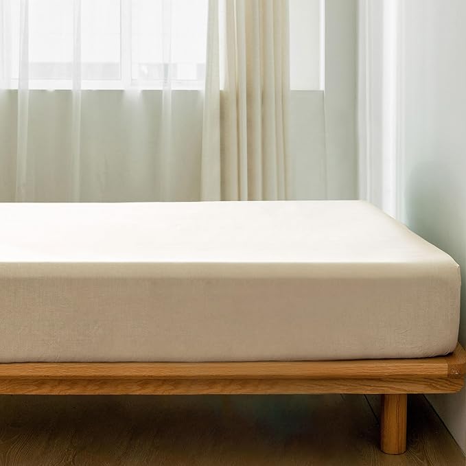 MooMee Fitted Bottom Sheet Only 100% Washed Cotton Linen Like Textured Breathable Durable Soft Comfy Deep Pocket Fits Mattress up to 17" (Almond Milk Grey, King)