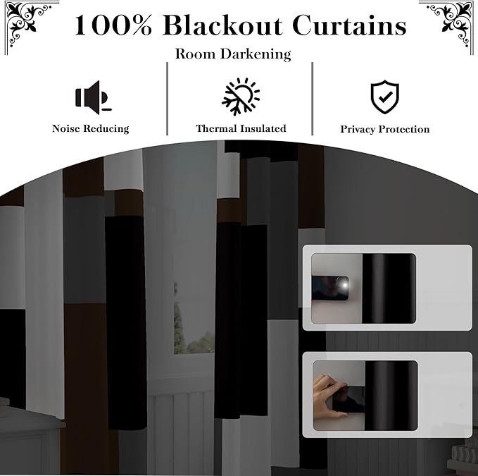 Brown 100% Blackout Curtains for Bedroom 63 inch Long 2 Panels Set Black White Gray Modern Abstract Geometric Black Out Curtains Insulated Room Darkening Window Drapes for Living Room, 52Wx63L