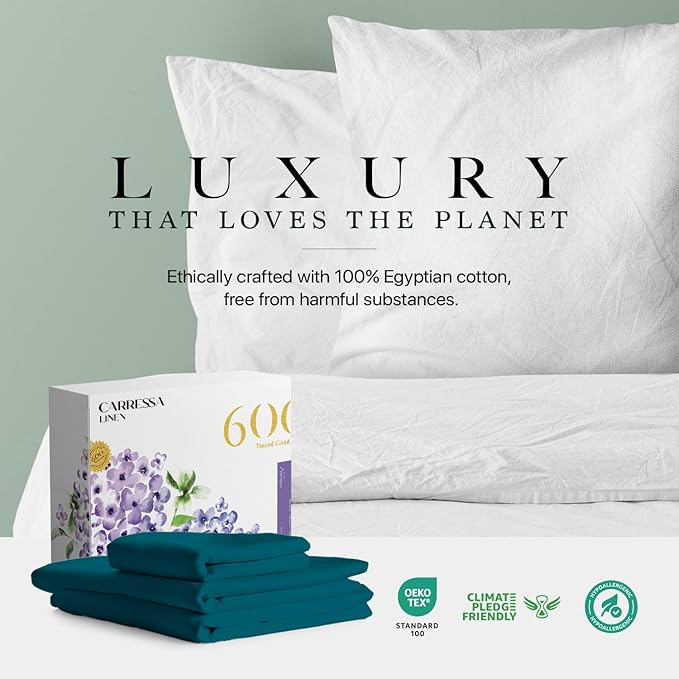 Carressa Linen 100% Egyptian Cotton Twin XL Sheets Set - 600 Thread Count Luxury Egyptian Cotton Sheets Twin XL Size (3 PC, Peacock Teal), 16" Deep Pocket, Soft, Cooling, Sateen Weave Dorm Bedding