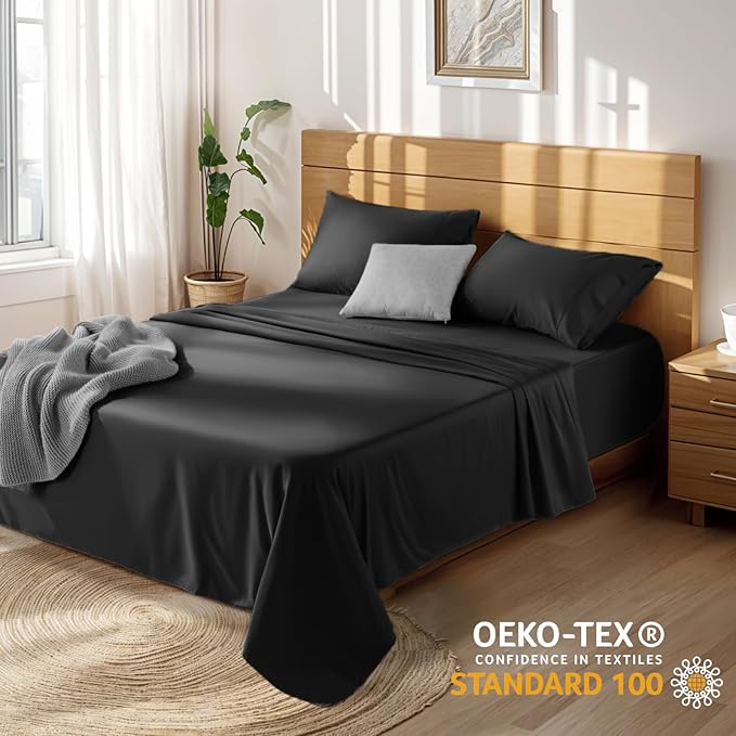 LBRO2M 100% Cotton Sheets Set Deep Pocket 19", 1000 Thread Count Full Size 4 Piece Bed Sheet Sets Soft Comfortable Bedding All Season (Full, Black)