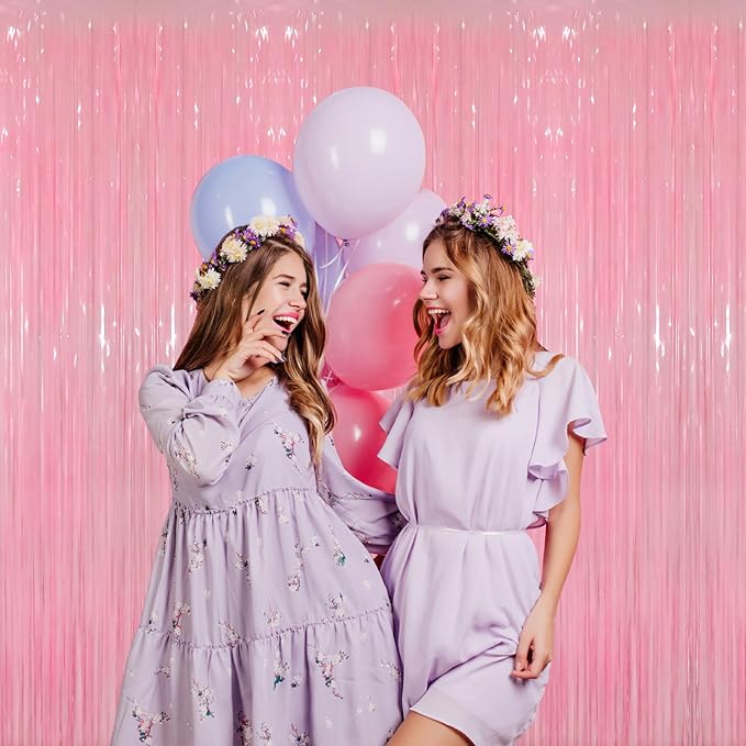 GOER 3.2 ft x 8.2 ft Foil Fringe Curtains Party Photo Backdrop Party Streamers for Birthday,Graduation,New Year Eve Decorations Wedding Decor(3 Packs,Candy Pink)