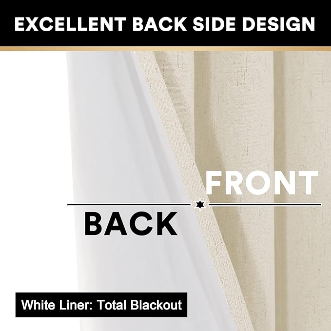PrinceDeco Linen Black Out Curtains 54 Inches Long 100% Blackout Curtains for Bedroom Thermal Insulated with White Liner,Noise Reducing, 52" Wide Per Panel, Set of 2,Bleached Sand