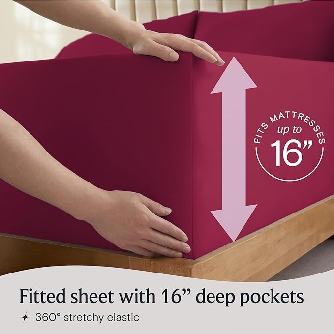 LuxClub 4 PC Full Sheet Set, Deep Pockets Wrinkle Free Cooling Bed Sheets Hotel Bedding for Women, Men, Kids & Teens, Includes 1 Fitted Sheet, 1 Flat Sheet and 2 Pillowcases-Burgundy