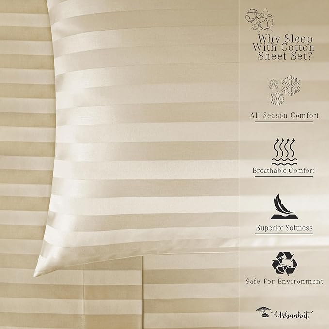 URBANHUT 800 Thread Count 100% Cotton Damask King Size Sheets, 4 Piece Striped King Size Bedsheets, Luxury Hotel Sheets Sateen Weave - Better Than Egyptian, 16" Elasticized Deep Pocket- Sand