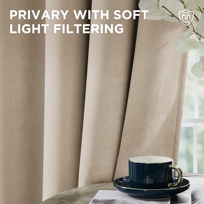Joydeco Latte Coffee Velvet Curtains 108 Inches 2 Panels,Luxury Thermal Insulated Soft Curtains for Bedroom & Living Room, Room Darkening Velvet Drapes, Rod Pocket (52W x 108L)