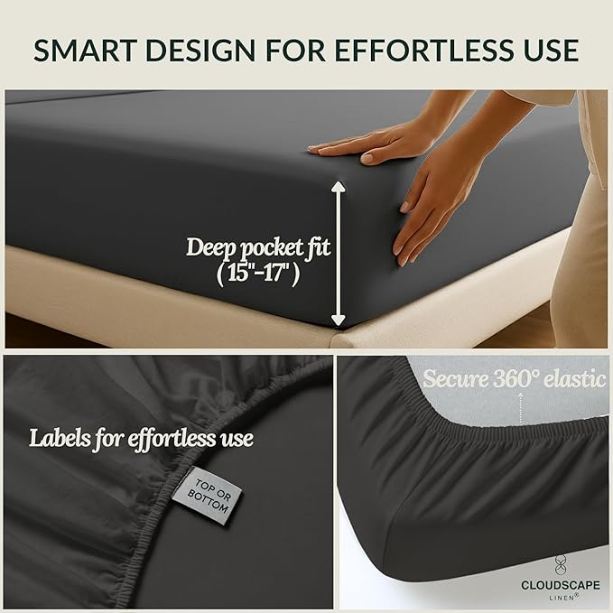 Cloud Scape Linen 100% Egyptian Cotton Sheets for Queen Size Bed, 400 Thread Count, 4 Pieces Bedding Set, Hotel Quality, Silky Soft, Deep Pockets up to 17”, Charcoal