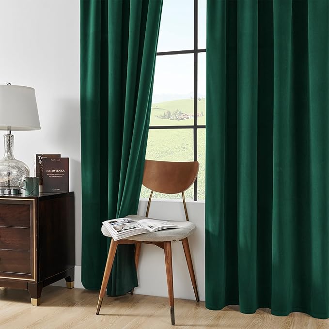 Joydeco Dark Green Velvet Curtains 63 Inches Long, Luxury Grommet Blackout Curtain 2 Panels, Thermal Insulated Privacy Room Darkening Window Drapes for Bedroom Living Room Home Theatre (52Wx63L)