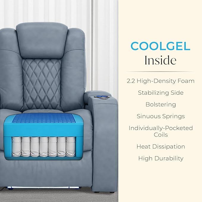 Seatcraft Diamante Zero-Gravity CoolZero Italian Leather Home Theater Seating, Power Headrest, Power Recline, Row of 3 Sofa, Smokey Blue