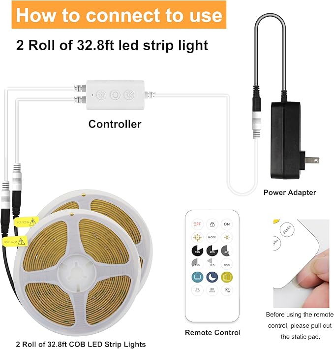 65.6ft White COB LED Strip Light, High Bright LED Strips with 320LEDs, RF Remote and UL Power Supply, 6000K Dimmable LED Lights for Bedroom, Kitchen, DIY Home Decoration, 2 Rolls of 32.8ft
