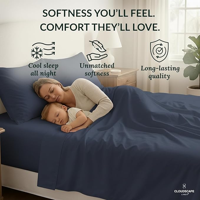 Cloud Scape Linen 100% Egyptian Cotton Sheets for Queen Size Bed, 400 Thread Count, 4 Pieces Bedding Set, Hotel Quality, Silky Soft, Deep Pockets up to 17”, Dark Denim
