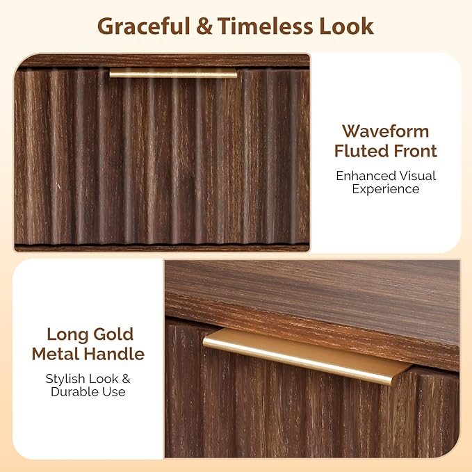 VINGLI Night Stand, Fluted Nightstand Wood, Mid Century Modern Nightstand for Bedroom, Bedside Table, Wood Side Table, Small Night Stand Walnut, 15.75" W*11.81" D*21.85" H