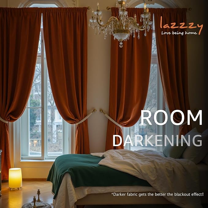 Lazzzy Velvet Blackout Curtains Thermal Insulated Room Window Drapes Super Soft Luxury Curtains for Living Room Bedroom Rod Pocket 2 Panels, Burnt Orange, 52" W x 84" L