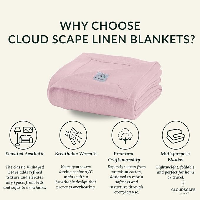 Cloud Scape Linen 100% Cotton Throw Blanket 50x70 Seashell Pink, Luxury All-Season Warmth, Ultra Soft, Oversized Herringbone Gauze Blanket for Winter, Bed, Couch & Sofa Decor, Best Gift Idea