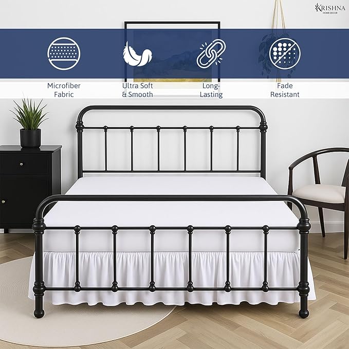 KRISHNA Ruffled Bed Skirt with Split Corners King, 100% Microfiber Hotel Quality, 16 Inch Drop Dust Ruffle Gathered Bedskirt with Platform, 78" x 80", White