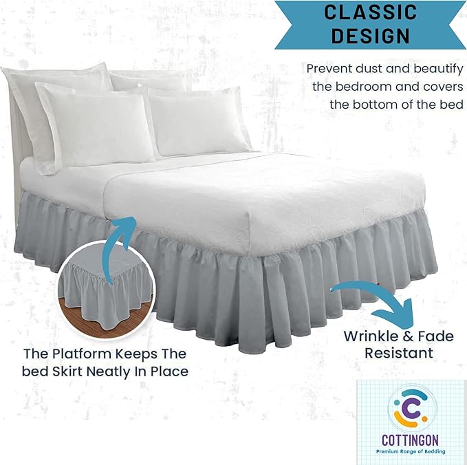 Ruffled Bed Skirt with Split Corners-Dust Ruffle - 21" Drop 100% Microfiber Soft,Sheen & Luxurious Look - Bed Skirts (Light Grey -Queen)