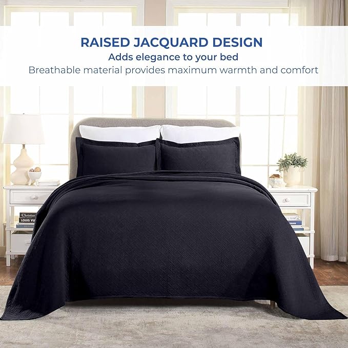Superior 100% Cotton Basket Weave Bedspread with Shams, All-Season Premium Cotton Matelasse Jacquard Bedding, Quilted-Look Geometric Basket, Queen, Navy Blue