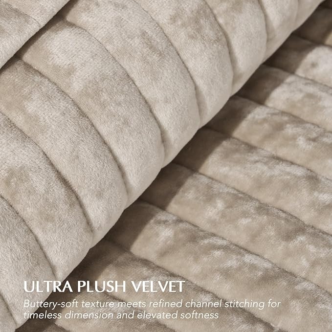 EVERGRACE Velvet Quilt Set California King 118'' x 106'', Luxurious Soft Striped Channel Bedding Set, Lightweight Velvet Comforter for All Season, Oversized Bedspread Coverlet w/ 2 Shams, Beige Taupe