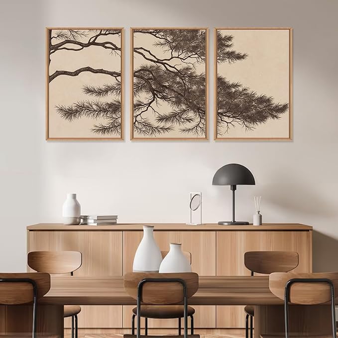 LHIUEM Large Vintage Pine Tree Branch Framed Canvas Wall Art,Sketch Botanical Wall Decor,Nature Plant Artwork,Brown Antique Etching Art Prints for Living Room,Bedroom,Office- 16"x24"x3