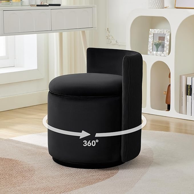 Velvet Vanity Chair with Storage, 360° Swivel Makeup Chair with Wave Back, No Assembly Small Accent Stool for Bedroom, Dressing, Living Room, Black