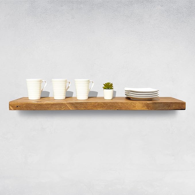 URBANDI, Rustic Floating Shelves, Set of 2, Hidden Bracket, Solid Wood, Heavy Duty, Wall Mounted Shelves, (Brown, 24Wx8D)