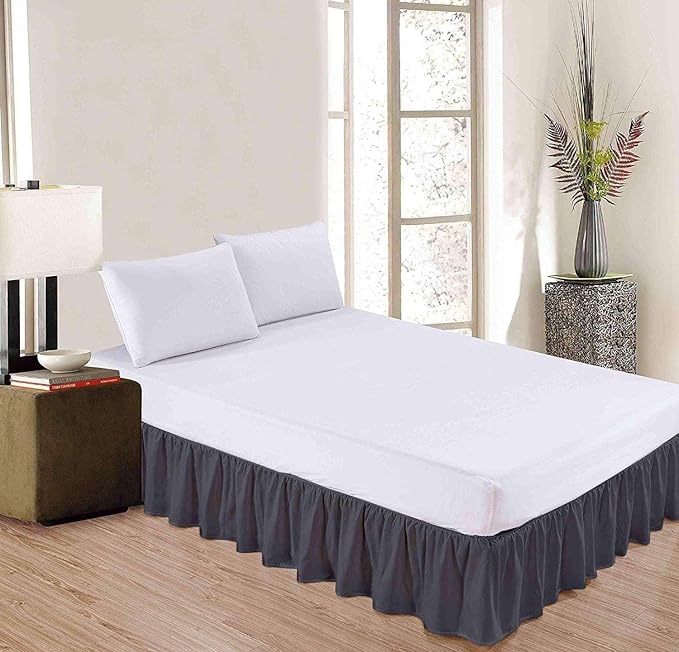 Dark Grey Solid Ruffled Bed Skirt King-12 Inch Drop Split Corner, Microfiber Bedskirt with Platform Three Sided Coverage