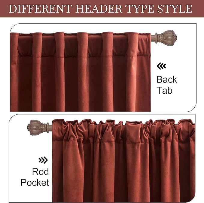 RYB Home Rust Red Velvet Curtains 90 inches Long, Thermal Insulated Panel for Bedroom Room Darkening Window Treatment for Holiday Backdrop Privacy Drapes for Guest Room, W52 x L90, 2 Panels