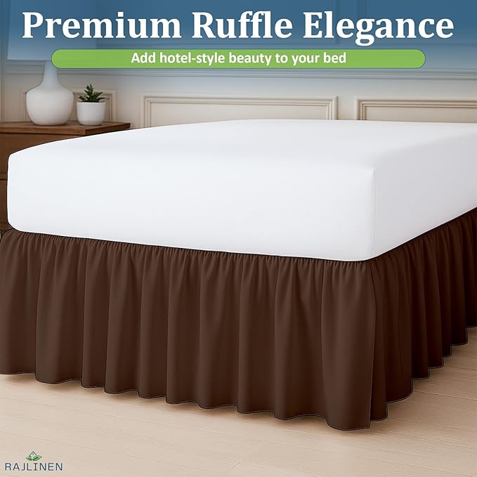 Rajlinen Ruffled Bed Skirt Full, 10 Inch Drop Dust Ruffle with Split Corners, 100% Microfiber Bedskirt with Platform, Three-Sided Coverage Ruffled Gathering Design, Chocolate