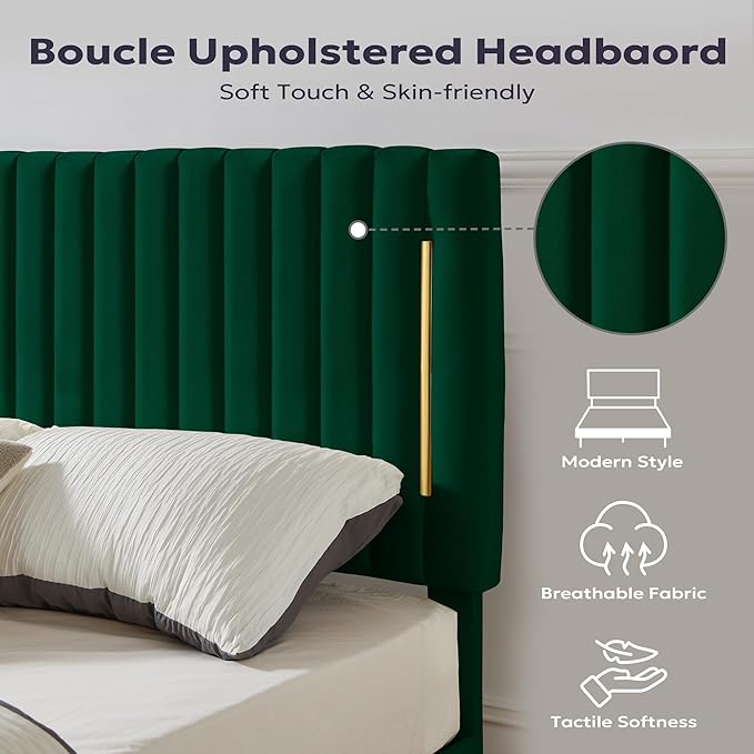 Full Platform Bed Frame, Velvet Upholstered Bedframe with Vertical Channel Adjustable Headboard, Golden Plating Trim, Mattress Foundation with Wooden Slats, No Box Spring Needed, Green