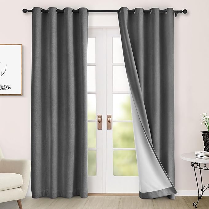 Macochico 100% Blackout Chenille Curtains for Living Room Classic Chenille Window Curtain Panels Thermal Drapes for Bedroom Hotel Grommet Curtains with Tieback Dark Grey 84" Wx96 L 1 Panel