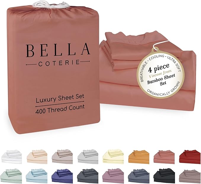 Bella Coterie Luxury Bamboo Viscose Queen Size Sheet Set | 100% Organically Grown | Ultra Soft | Cooling for Hot Sleepers | 18" Deep Pocket [Raisin]
