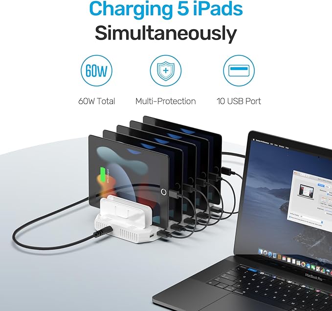 【10PCS】 Unitek Multi Charging Station, 10-Port USB Charger for Multiple Device with SmartIC Tech and Adjustable Dividers, Organizer Stand Compatible with iPad, Tablet, Kindle, iPhone - 10PCS, White