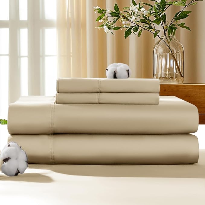 LBRO2M 100% Cotton Sheets Set Deep Pocket 19", 1000 Thread Count California King Size 4 Piece Bed Sheet Sets Soft Comfortable Bedding All Season (California King, Linen)