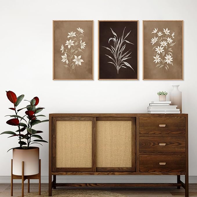 LHIUEM Large Vintage Neutral Botanical Framed Wall Art Set,Brown and Black Flower Wall Decor,Nature Wildflower Artwork,Rustic Plant Floral Art Prints for Living Room,Bedroom,Farmhouse - 24"x36"x3