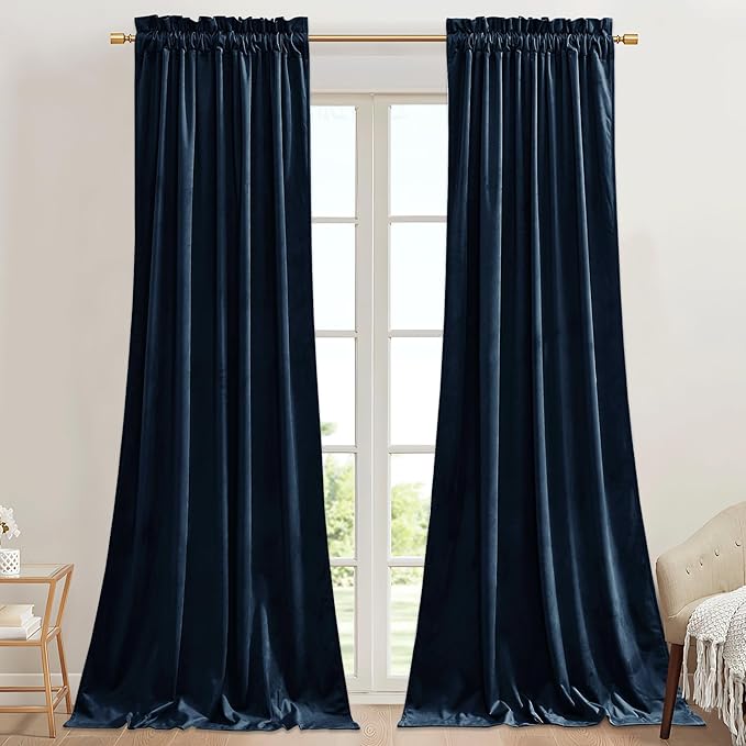 StangH Rod Pocket Velvet Curtains 90 inches Long Navy Blue Blackout Thermal Insulated Window Treatment Heavy Thick Privacy Home Decor for Office/Sliding Door, W42 x L90, 2 Panels