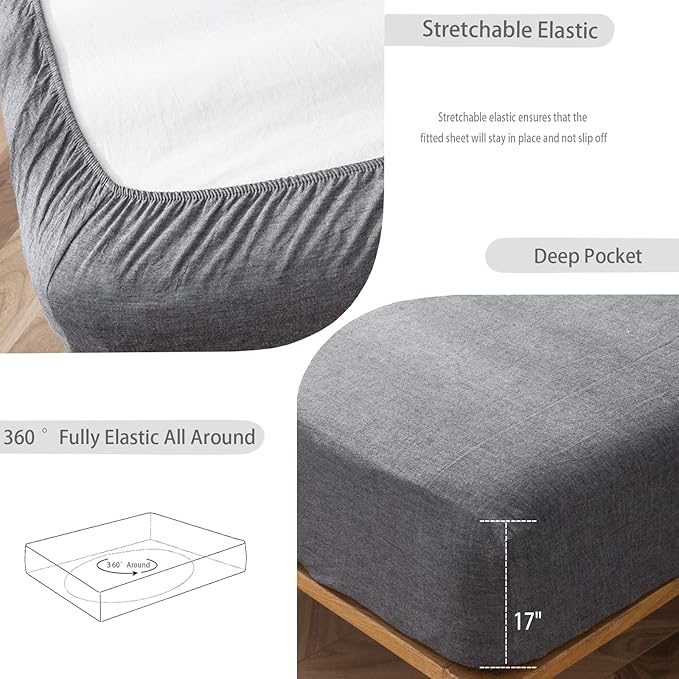 MooMee Fitted Bottom Sheet Only 100% Washed Cotton Linen Like Textured Breathable Durable Soft Comfy Deep Pocket Fits Mattress up to 17" (Dark Grey, Twin)