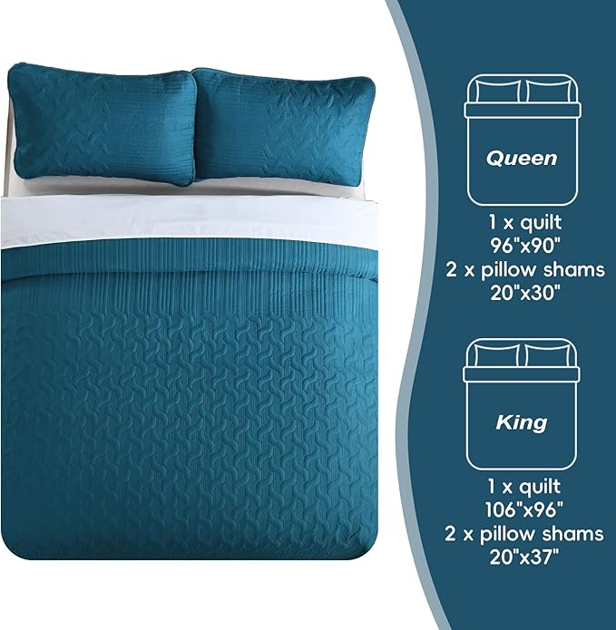 Yiran Teal Blue Quilt Set King Size Lightweight Bedspread Ultrasonic Wave Pattern Soft Microfiber Coverlet for All Season Modern Style 3 Piece Bed Cover Sets with 2 Pillow Shams (106"x96")