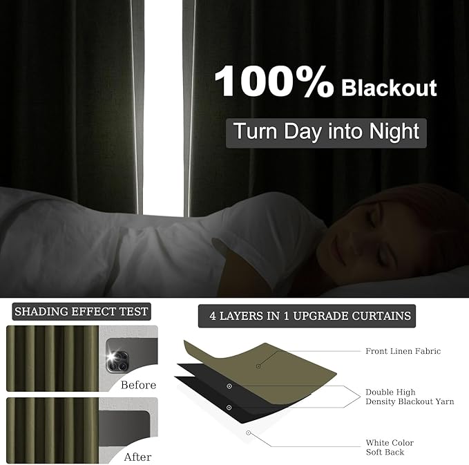Topfinel 72 Inch Green Linen Blackout Curtains, Pinched Pleated Insulating Noise Reducing Sun Blocking Dark Out Short Boho Cute Short Drapes for Kids Nursery Bedroom 2 Panels, Olive Green Forest Green