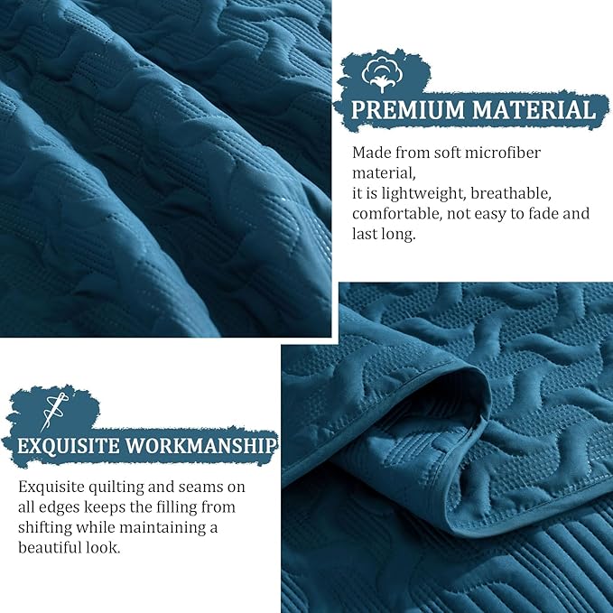 Yiran Teal Blue Quilt Set Queen Size Lightweight Bedspread Ultrasonic Wave Pattern Soft Microfiber Coverlet for All Season Modern Style 3 Piece Bed Cover Sets with 2 Pillow Shams (96"x90")