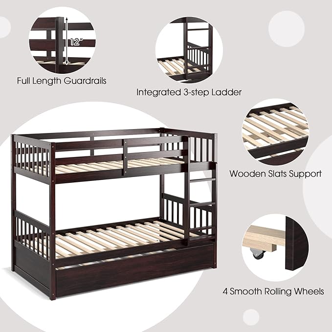 KOMFOTT Wood Twin Over Twin Bunk Bed with Trundle, Solid Pine Wood Bunk Bed Frame with Ladder & Safety Guardrails, Space-Saving Convertible Twin Bed Frame for Home & Dormitory, No Box Spring Needed