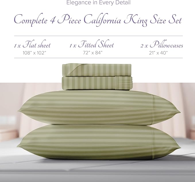 Carressa Linen Luxury Egyptian Cotton California King Stripe Sheet Set - 600 Thread Count Extra Long Staple 4 PC Set, Cal King Damask Sheets, Soft, Cooling Sheets Upto 18 in Deep Pocket - Herb Garden