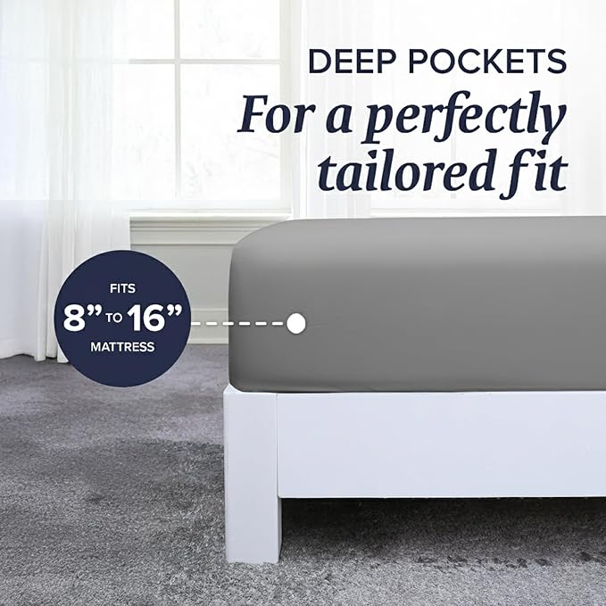 Beckham Hotel Collection Queen Sheet Set 100% Cotton, 500TC Luxury Sateen Bedding, 16” Deep Pocket, Moisture-Wicking, 4-Piece, Dark Gray