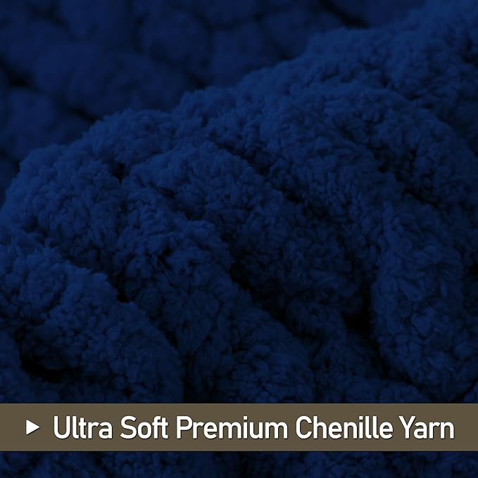 Chunky Knit Throw Blanket 50"X 60", 100% Handmade with Soft Chenille Yarn, 4.4lbs Thick Cable Knitted Blankets, Large Rope Knot Crochet Throws for Couch Sofa Bed Home Decor, Navy Blue