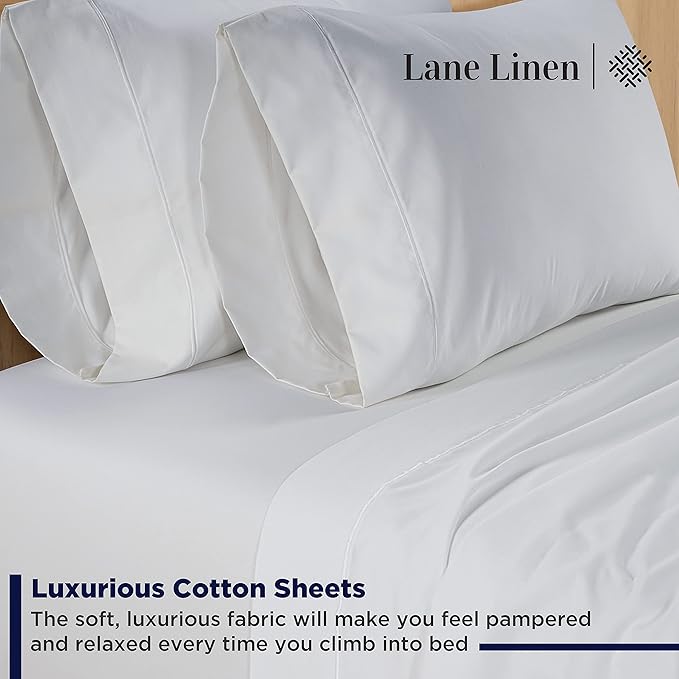 LANE LINEN 600 Thread Count 100% Cotton Cal King Sheet Set, Soft & Confy Hotel Style Thick White Cal King, Mercerized Cotton for Silky Finish, Fully Elasticized Fitted Sheet Luxury - White