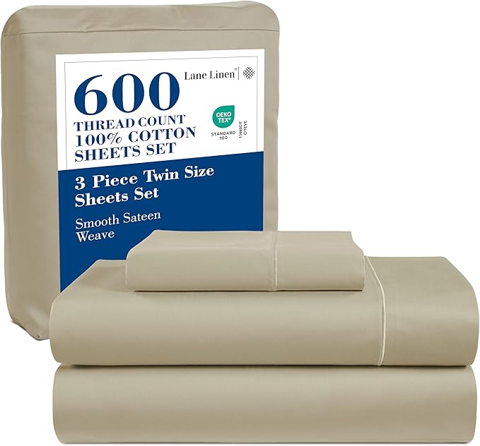 LANE LINEN 100% Cotton Twin Sheets Set- 600 Thread Count Mercerized Cotton Sheets Twin Size for Smooth Silky Finish, Ultra Soft & Comfy Hotel Like Think Twin Size Sheets Set - Linen