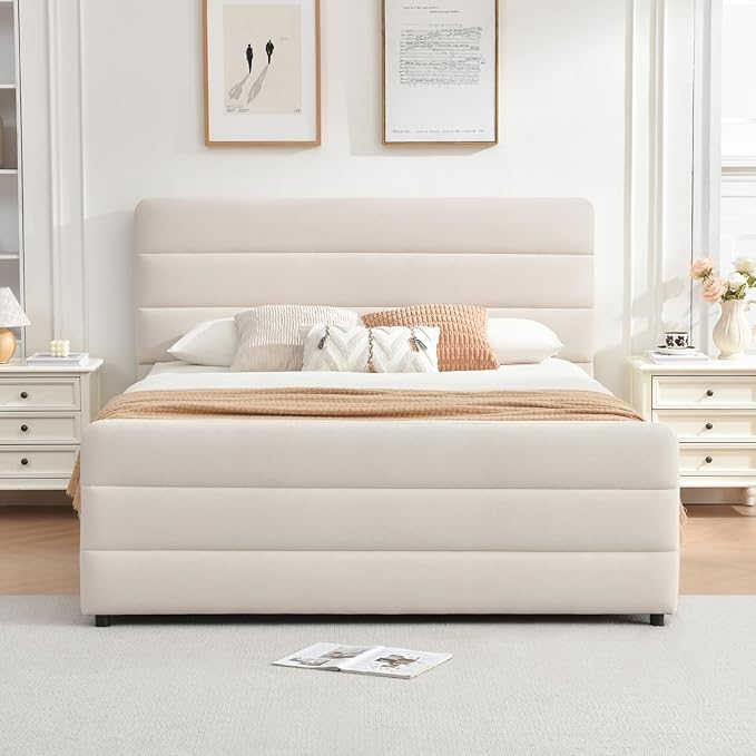 VELOCAVA Queen Size Upholstered Platform Bed with Tall Headboard and Footboard, 2 Side Storage Drawers, Modern Beige Fabric Bed Frame, No Box Spring Needed, Slatted Base Support, Easy Assembly