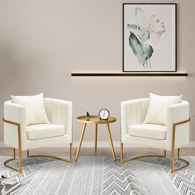 Velvet Modern Accent Chair, Upholstered Barrel Armchair Mid Century with Pillow for Living Room, Comfy Single Vanity Chair with Metal Gold Legs for Bedroom, White
