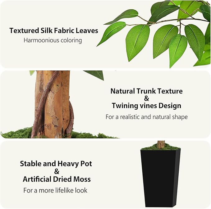 5ft Ficus Artificial Tree with 3 Natural Curved Trunks, 60" Tall Lush Faux Tree for Home Decor Indoor, Green Lifelike Fake Ficus Tree with Black Planter Pot