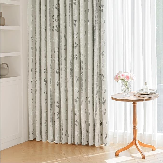 100% Boho Blackout Curtains 84 Inches Long for Bedroom, Grey on Beige Patterned Bohemian Curtains for Living Room, Geometric Striped Thermal Insulated Window Drapes Gromment Top 2 Panels